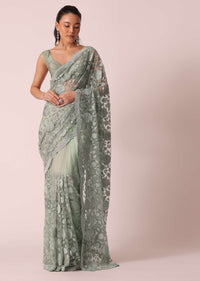 Green Embroidered Saree With Floral Motifs And Unstitched Blouse Piece