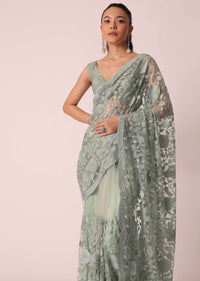 Green Embroidered Saree With Floral Motifs And Unstitched Blouse Piece