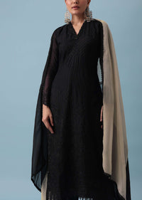 Black Kurta And Pant Set In Organza