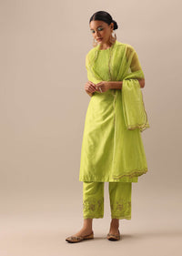 Green Pintuck Anarkali Set with Organza Dupatta