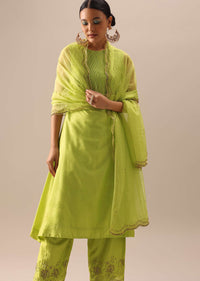 Green Pintuck Anarkali Set with Organza Dupatta