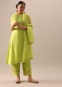 Green Pintuck Anarkali Set with Organza Dupatta