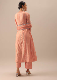 Peach Embellished Chanderi Kurta Set With Organza Dupatta