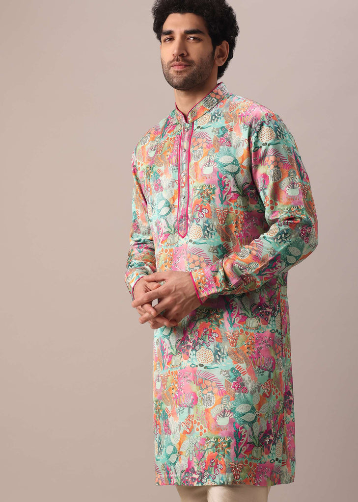 Green Silk Kurta And Churidar Set With Floral Prints