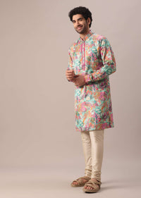 Green Silk Kurta And Churidar Set With Floral Prints