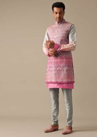 Pink Ombre Silk Jacket And Kurta Set