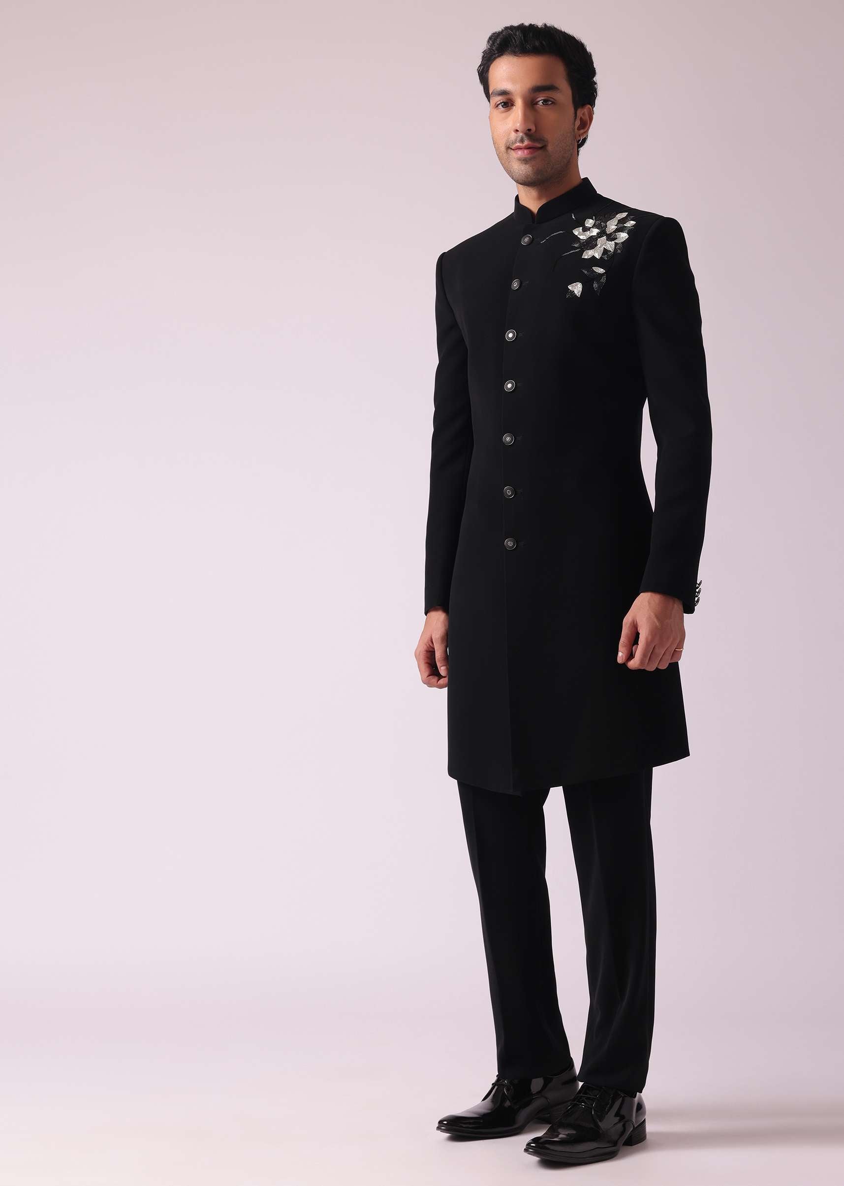 Black Embroidered Indowestern Suit With Mandarin Collar