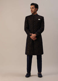 Persian Blue Floral Embroidered Sherwani Set In Velvet