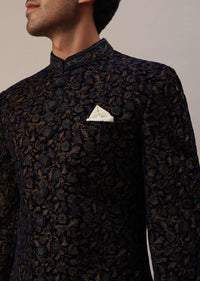 Persian Blue Floral Embroidered Sherwani Set In Velvet