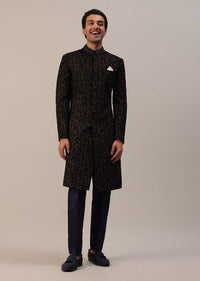 Persian Blue Floral Embroidered Sherwani Set In Velvet