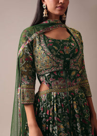 Green Indie Print Anarkali Suit Set In Organza