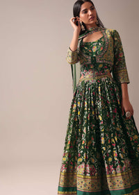 Green Indie Print Anarkali Suit Set In Organza