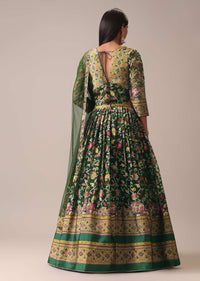 Green Indie Print Anarkali Suit Set In Organza