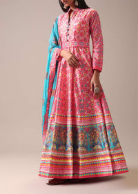 Pink Patola Printed Anarkali Suit Set In Tussar Silk