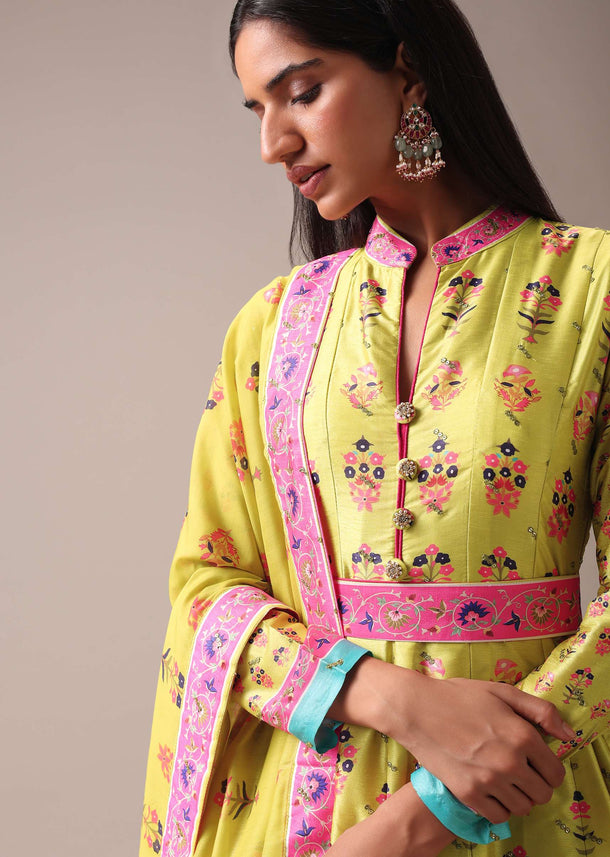 Green Floral Printed Anarkali Suit Set In Tussar Silk