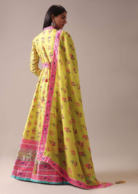 Green Floral Printed Anarkali Suit Set In Tussar Silk