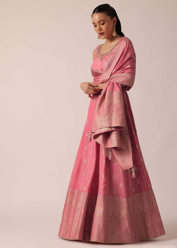 Peach Silk Anarkali Set With Sequin Work