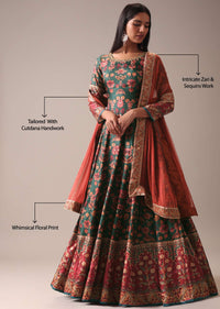 Green Floral Printed Anarkali Suit Set In Silk