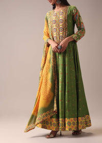 Green Indie Print Anarkali Suit Set In Art Silk