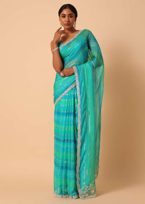 Blue Saree In Organza With Striped Zari Work And Unstitched Blouse Piece