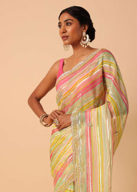 Multicolour Organza Striped Sequin Saree With Unstitched Blouse Piece