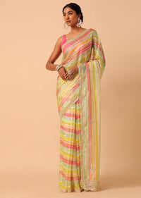 Multicolour Organza Striped Sequin Saree With Unstitched Blouse Piece