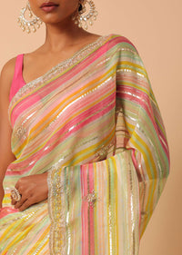 Multicolour Organza Striped Sequin Saree With Unstitched Blouse Piece