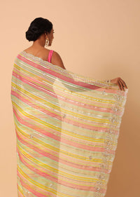 Multicolour Organza Striped Sequin Saree With Unstitched Blouse Piece