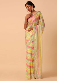 Multicolour Organza Striped Sequin Saree With Unstitched Blouse Piece