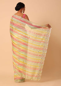 Multicolour Organza Striped Sequin Saree With Unstitched Blouse Piece