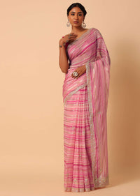 Silver And Pink Organza Striped Zari Saree With Unstitched Blouse Piece