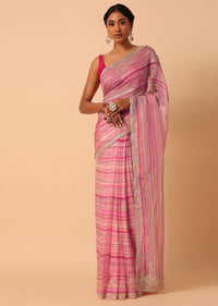 Silver And Pink Organza Striped Zari Saree With Unstitched Blouse Piece