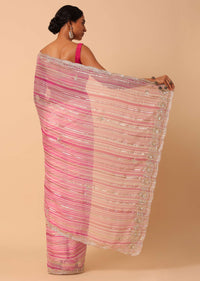 Silver And Pink Organza Striped Zari Saree With Unstitched Blouse Piece