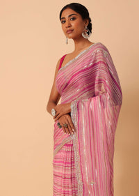 Silver And Pink Organza Striped Zari Saree With Unstitched Blouse Piece