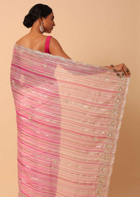 Silver And Pink Organza Striped Zari Saree With Unstitched Blouse Piece