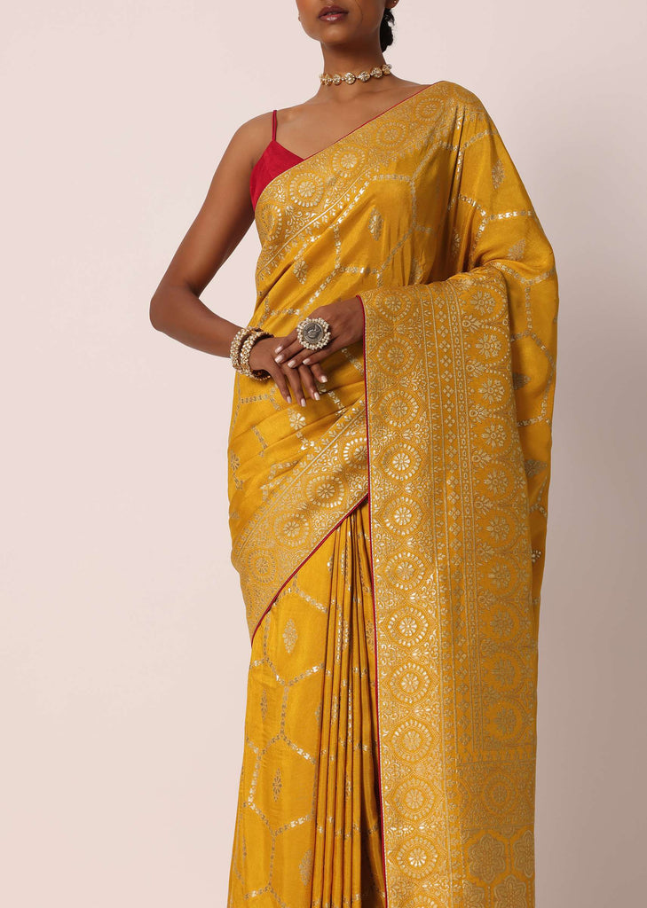 Yellow Banarasi Silk Saree With Hexagon Jaal Weave And Unstitched Blouse Piece