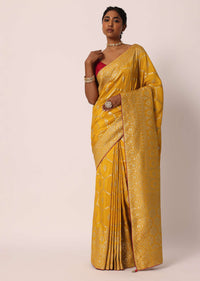 Yellow Banarasi Silk Saree With Hexagon Jaal Weave And Unstitched Blouse Piece