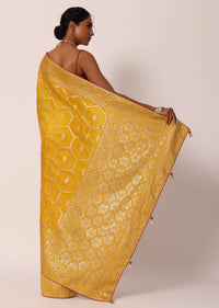 Yellow Banarasi Silk Saree With Hexagon Jaal Weave And Unstitched Blouse Piece