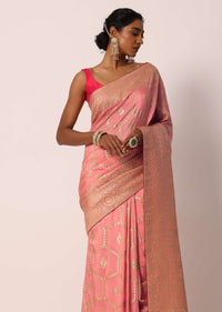 Peach Saree In Banarasi Silk With Hexagon Jaal Weave And Unstitched Blouse Piece