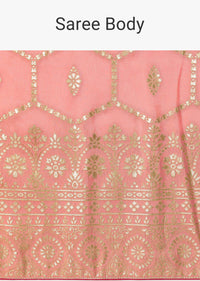 Peach Saree In Banarasi Silk With Hexagon Jaal Weave And Unstitched Blouse Piece