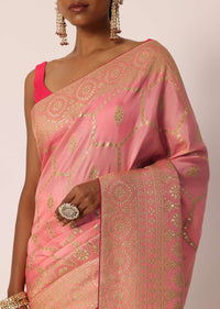 Peach Saree In Banarasi Silk With Hexagon Jaal Weave And Unstitched Blouse Piece