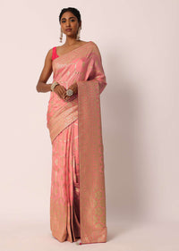 Peach Saree In Banarasi Silk With Hexagon Jaal Weave And Unstitched Blouse Piece