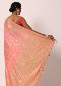 Peach Saree In Banarasi Silk With Hexagon Jaal Weave And Unstitched Blouse Piece