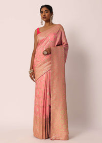 Peach Saree In Banarasi Silk With Hexagon Jaal Weave And Unstitched Blouse Piece