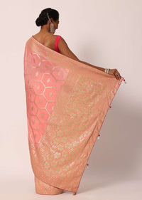 Peach Saree In Banarasi Silk With Hexagon Jaal Weave And Unstitched Blouse Piece