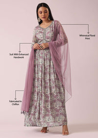 Lilac Floral Print Anarkali Set In Chinon