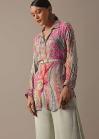 Green Floral Print Shirt And Palazzo Set With Belt