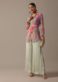 Green Floral Print Shirt And Palazzo Set With Belt