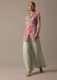 Green Floral Print Shirt And Palazzo Set With Belt