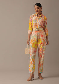 Beige Shirt Kurta And Pant Co-Ord Set With Floral Prints